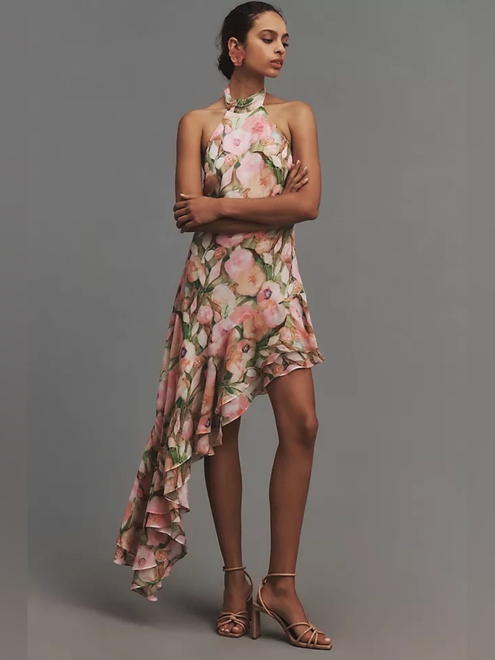 ASTR The Label Asymmetrical Halter Floral Midi Dress